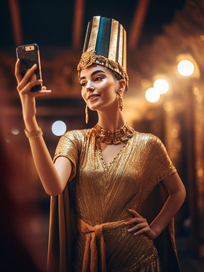 Queen Nefertiti taking a selfie; AI image by Ivan Kralj/Midjourney.