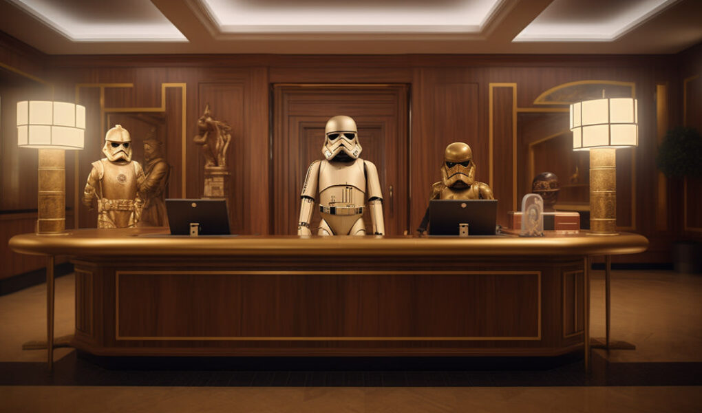 Imaginary reception of Star Wars Hotel with stormtroopers as receptionists; AI image by Ivan Kralj/Midjourney