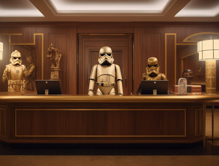 Imaginary reception of Star Wars Hotel with stormtroopers as receptionists; AI image by Ivan Kralj/Midjourney