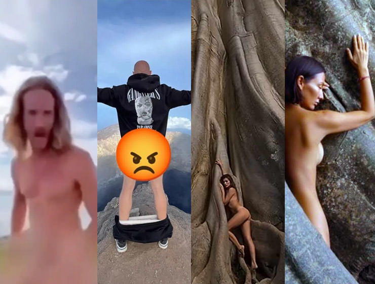 A collage of Bali visitors who stripped naked for social media fame causing outrage on the Indonesian island fed up with disrespectful tourists: Canadian actor Jeffrey Craigen, and Russian Instagrammers Yuri Chilikin, Alina Fazleeva, and Luiza Kosykh. 