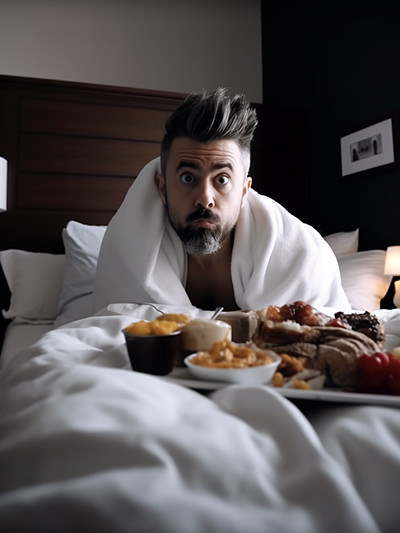 Confused guest woken up by an unexpected breakfast delivery to his bed in hotel room; image by Ivan Kralj, Midjourney.
