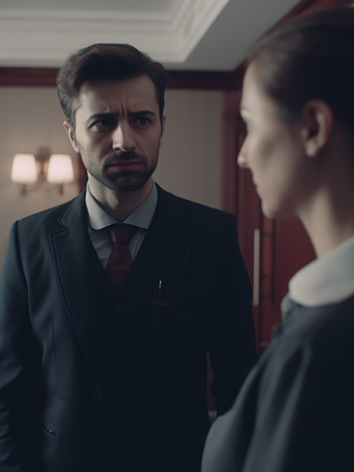 Confused hotel guest talking to a member of housekeeping staff; photo by Ivan Kralj, Midjourney.