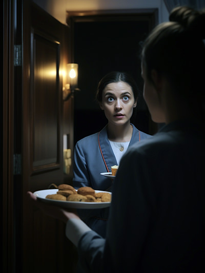 Confused guest at the hotel room entrance with housekeeping staff holding cookies; image by Ivan Kralj, Midjourney.