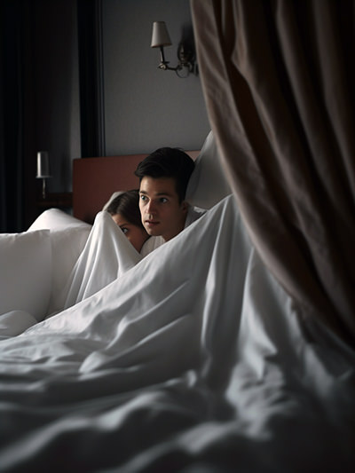 A couple hiding behind bed sheets in a hotel room, because staff ignored 'Do Not Disturb' sign and entered a room while they were naked in bed; image by Ivan Kralj, Midjourney.