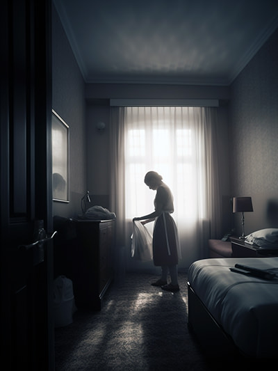 Housekeeping staff cleaning the room despite the hotel 'Do Not Disturb' policy; image by Ivan Kralj, Midjourney.