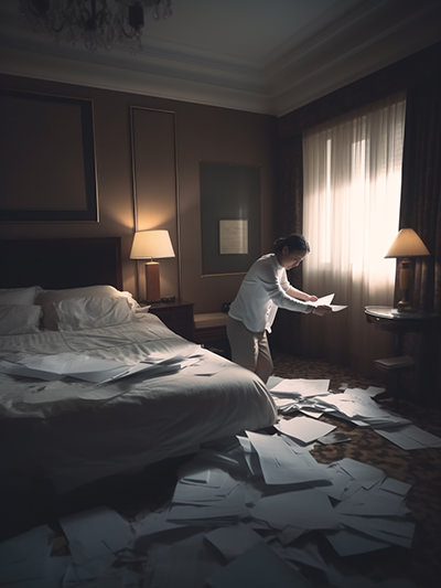 Housekeeping staff sorting out documents in paper-filled hotel room; image by Ivan Kralj, Midjourney.