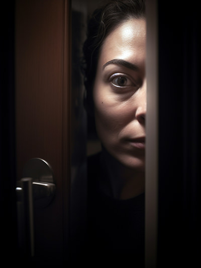 Housekeeping staff peeking through the half-open hotel door; image by Ivan Kralj, Midjourney.