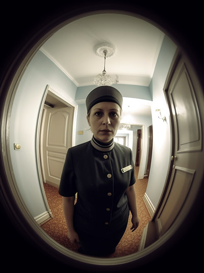 Hotel housekeeping as seen through the door spyhole; image by Ivan Kralj, Midjourney.