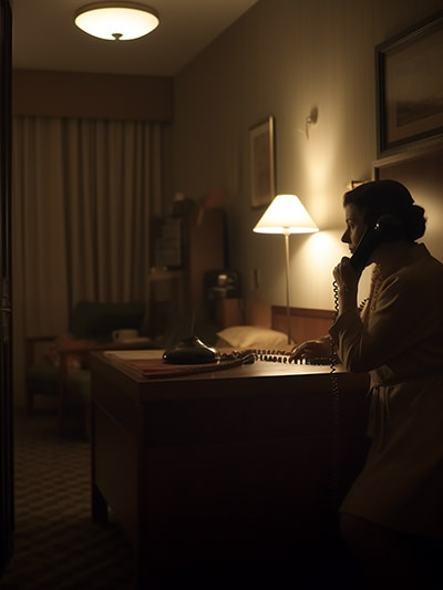 Housekeeping staff using a telephone in a hotel room; image by Ivan Kralj, Midjourney.