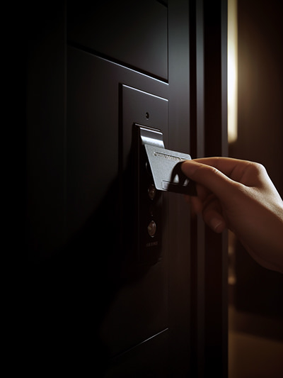 A hand swiping a key card at hotel room door; image by Ivan Kralj, Midjourney.