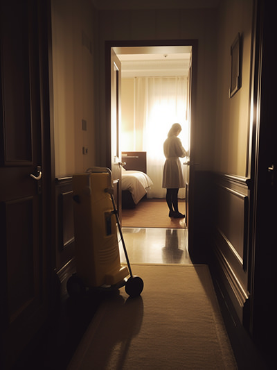 Housekeeping maid in a hotel room; image by Ivan Kralj, Midjourney.