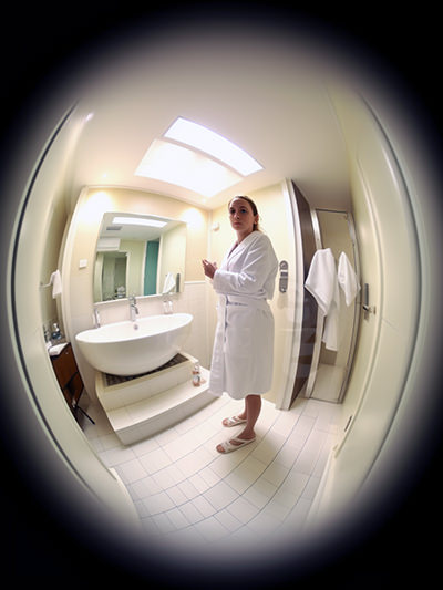 Spycam filming a woman in a bathrobe in a hotel bathroom; image by Ivan Kralj, Midjourney.