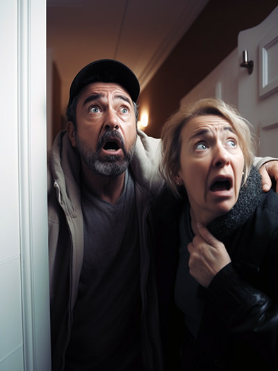 Shocked couple at the entrance of their hotel room, finding a sight they did not expect to see; image by Ivan Kralj, Midjourney.