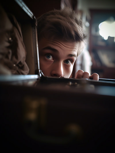 Teenager hiding behind a suitcase; image by Ivan Kralj, Midjourney.