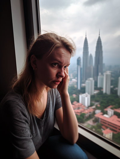 Worried woman talking on a mobile phone, with a panorama of Kuala Lumpur seen through the window in the background; image by Ivan Kralj, Midjourney.