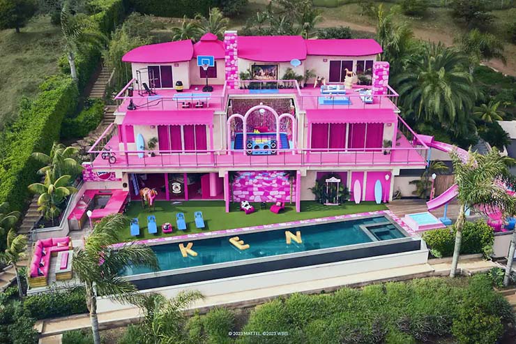 Pink-colored Barbie Malibu Dream House, Airbnb listing on the occasion of "Barbie" movie premiere.