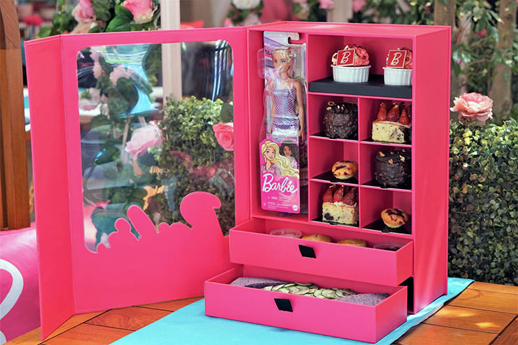 Barbie afternoon tea box at Grand Hyatt in KL, Malaysia, that turned one floor into Barbie hotel with Barbie Ultimate Staycation experience; photo by Grand Hyatt.