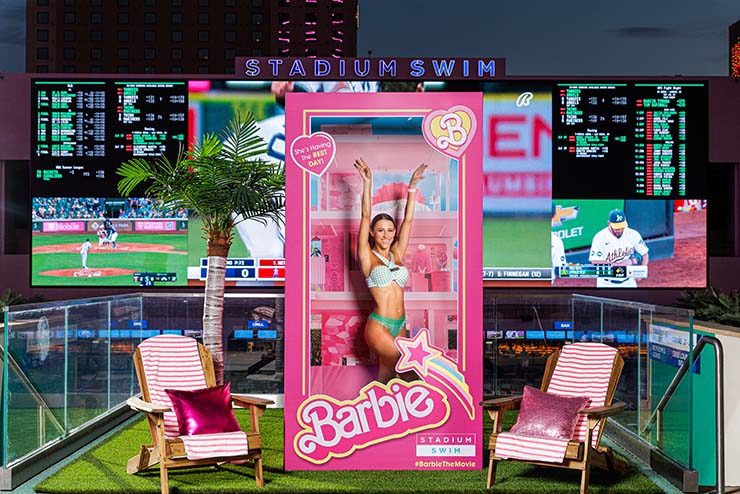 Life-size Barbie box as a photo corner at Circa Resort & Casino turning Barbie Hotel for the week of the "Barbie" movie premiere; photo by Black Raven.