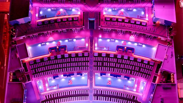 Pink-illuminated six swimming pools at Circa Resort& Casino's Stadium Swim, becoming a Barbie Hotel for the week of the "Barbie" movie premiere, photo by Black Raven.