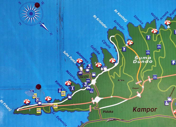 Map of Frkanj part of Kalifront peninsula on the Croatian island of Rab, where Kandarola is home to one of the first European FKK beaches; photo by Ivan Kralj.