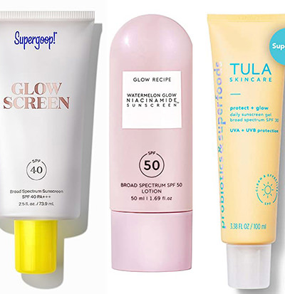 Glowing sunscreen packages by Supergoop, Glow Recipe and Tula, summer must-have items on Amazon.