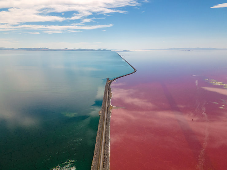 Great Salt Lake in Utah, divided in two different parts by the railroad causeway, which made Gunnisson Bay develop its own ecosystem and becoming one of the pink lakes of the world; photo by Urvish Prajapati, Pexels.
