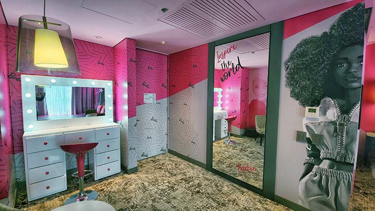 Vanity area of Barbie Suite at Hilton Bogota Corferias hotel, limited-time room that celebrates Mattel's iconic doll; photo by Hilton.