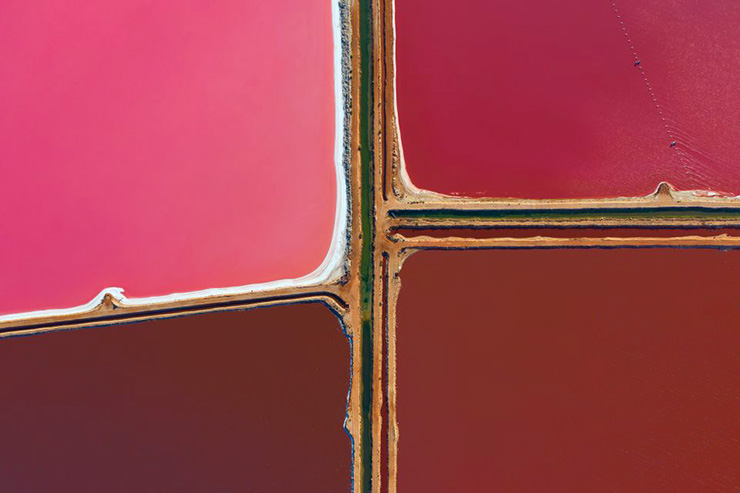 Aerial view of different salt pans in Hutt Lagoon, Australia; photo by Fly Gero.