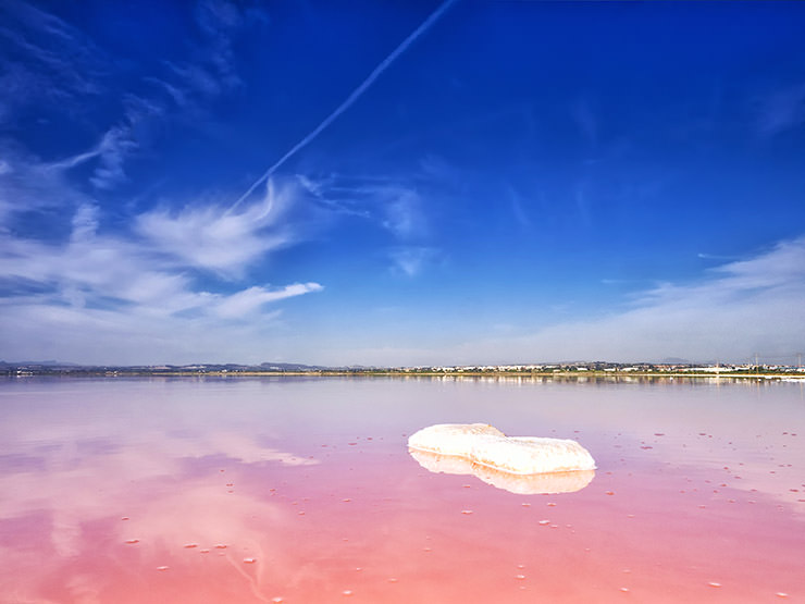 Lago Rosa or pink lake, one of the Las Salinas de Torrevieja, salt lagoons on Costa Blanca in Spain; photo by Alberto Casanova.