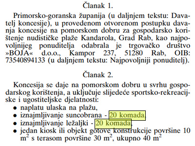 Primorsko-Goranska County document allowing Boja d.o.o. as concessioner renting out 20 parasols and 20 sunbeds at FKK Kandarola Beach in Rab, while the enterprise clearly rents out many more; screenshot by Pipeaway.com.