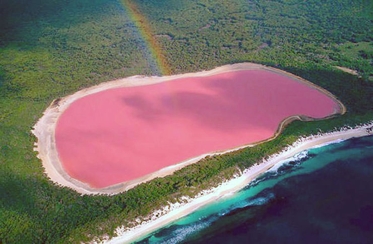 Rainbow above the pink-colored Lake Hillier in Australia; photo by Kurioziteti123.