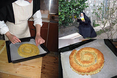 Making of Rab cake at the Abbey of Saint Andrew in Rab, showing one nun holding gigantic lemons, another one shaping the spiral form of rapska torta, and finally baked product; photo by Benemir.