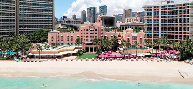 The Royal Hawaiian pink hotel on Honolulu beach; photo by The Royal Hawaiian.