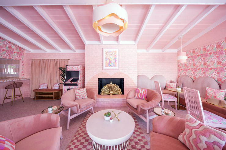Pink lounge of Trixie Motel in Palm Springs, one of the world's best Barbie-style hotels; photo by Trixie Motel.