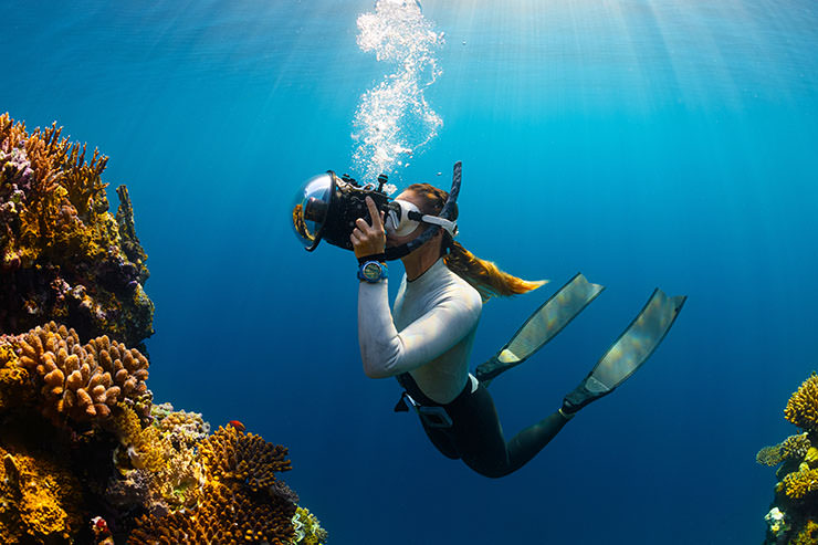 Snorkeler diving and filming coral reef in Saudi Arabia with a camera in underwater housing; photo by Neom, Unsplash.