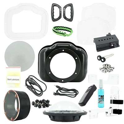 Parts of GDome XL all-inclusive package for underwater housing for cameras; photo by GDome.