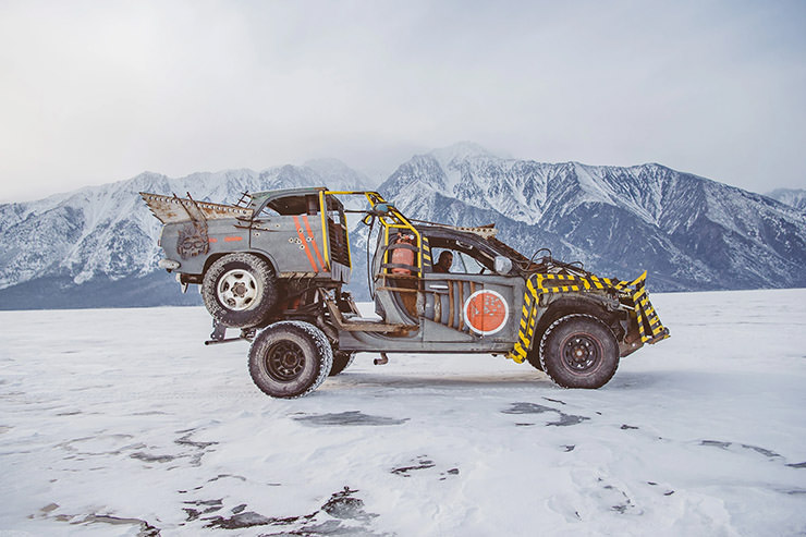 Alexey Gubarev driving his version of double-car on Lake Baikal, during the MadWay Rally for modified vehicles.