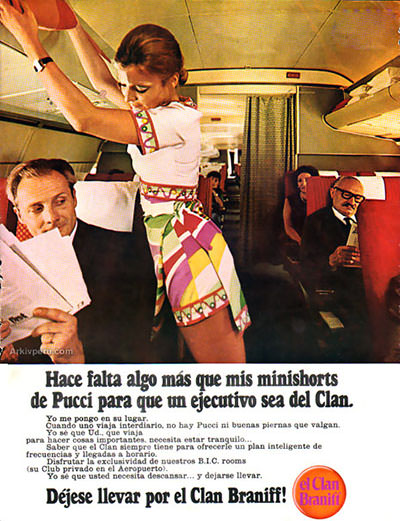Braniff International Airways sexist ad showing a passenger looking at flight attendant's exposed leg while she is putting things into the overhead bin.