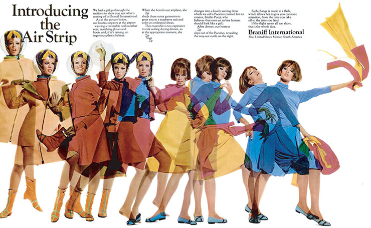 Braniff International Airways' controversial AirStrip campaign promoting a flight attendant stripping down different layers of clothes during the flight.