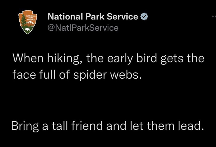 National Park Service's Instagram post saying: "When hiking, the early bird gets the face full of spider webs. Bring a tall friend and let them lead."