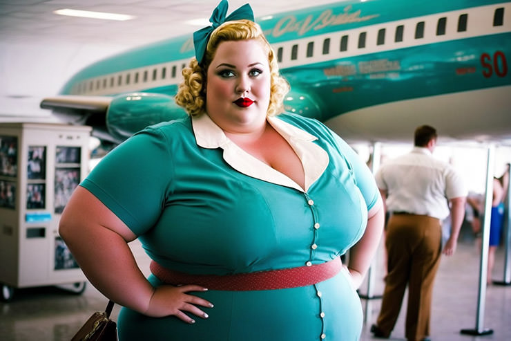 Fat flight attendant in a vintage uniform, standing in front of a giant model plane; image by Ivan Kralj, Midjourney.