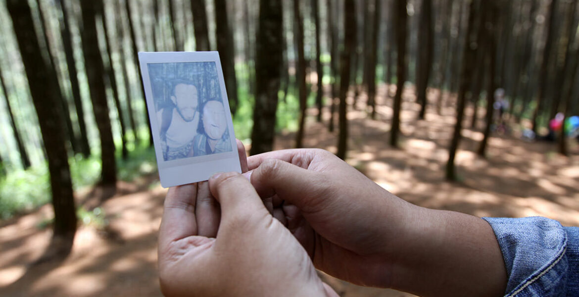 Polaroid photo of Ivan Kralj and Fathin Naufal developing during their visit to Bukit Moko hill above Bandung, Indonesia; photo by Ivan Kralj