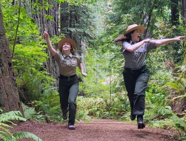 Two female rangers of National Park Service comically pointing at the forest while running through it; NPS humor safety marketing on Twitter.