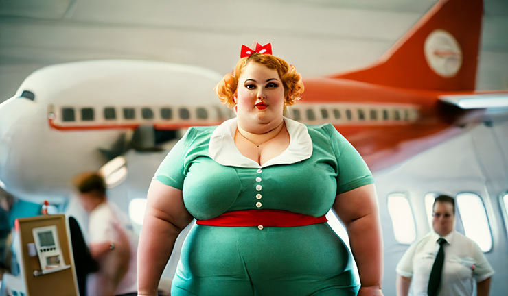 Obese flight attendant in retro uniform standing in front of a giant plane model; AI image by Ivan Kralj; Midjourney.