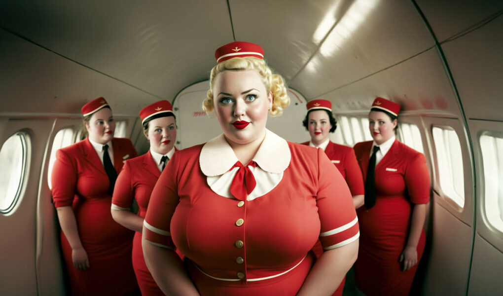 Plus-size cabin crew, a group of five fat flight attendants standing in the plane in red uniforms; image by Ivan Kralj, Midjourney.