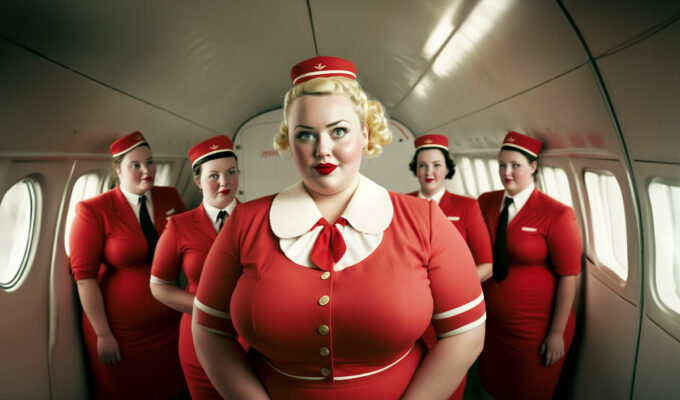 Plus-size cabin crew, a group of five fat flight attendants standing in the plane in red uniforms; image by Ivan Kralj, Midjourney.