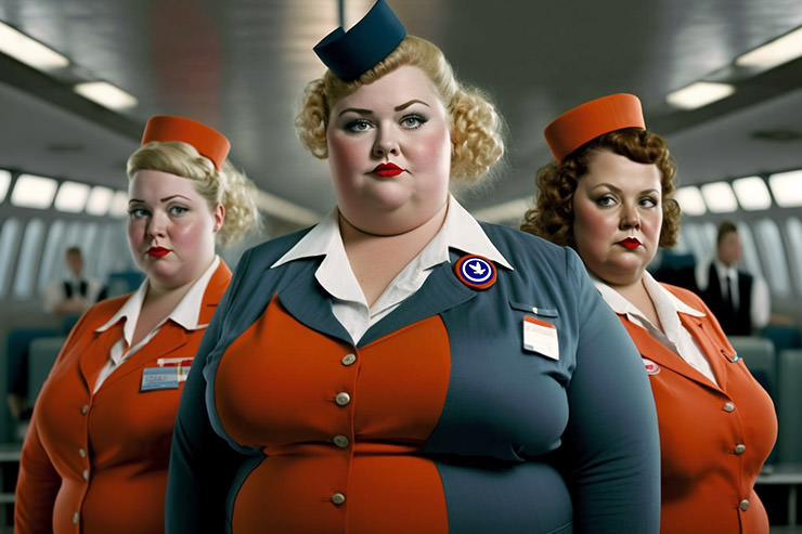 Three fat flight attendants posing in the plane set-up; illustration of plus-size cabin crew struggles by Ivan Kralj, Midjourney.