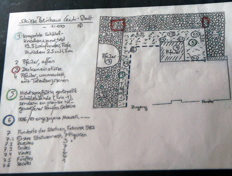 Beinhaus Leuk map, a drawing showing the change between the ossuary chapel before the 1982 demolition of the fake wall, and excavation of precious artworks found in between bone piles; photo by Ivan Kralj.