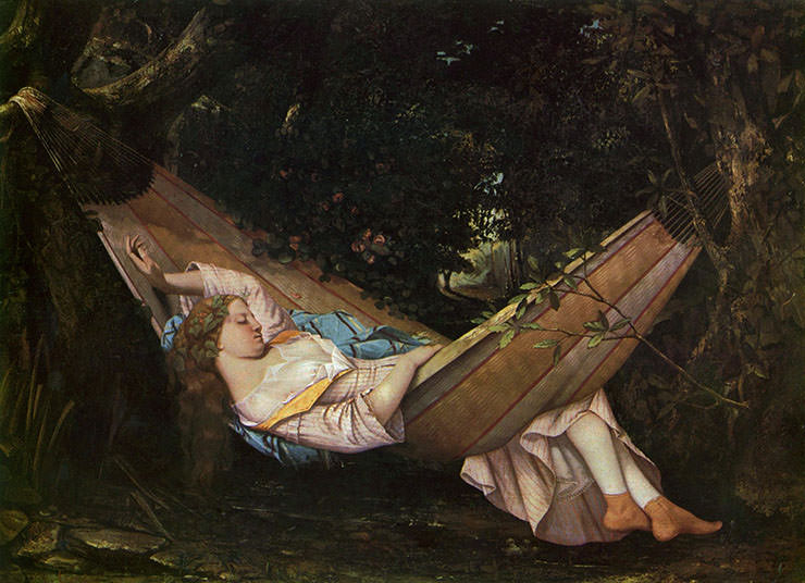 "Die Hängematte" (The Hammock), oil on canvas by Gustave Courbet, showing a woman taking a break in a hammock.