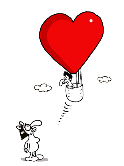 Cartoon "Escape from love" by Artistan, Depositphotos, showing a male character leaving the female one in a hot air balloon shaped like a heart.